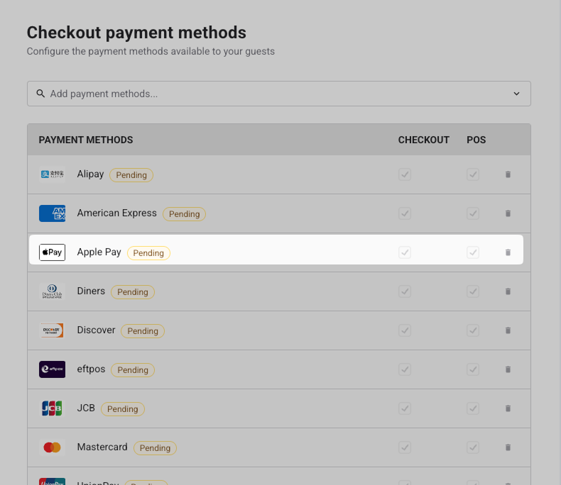List of payment methods with Apple Pay highlighted as pending option.